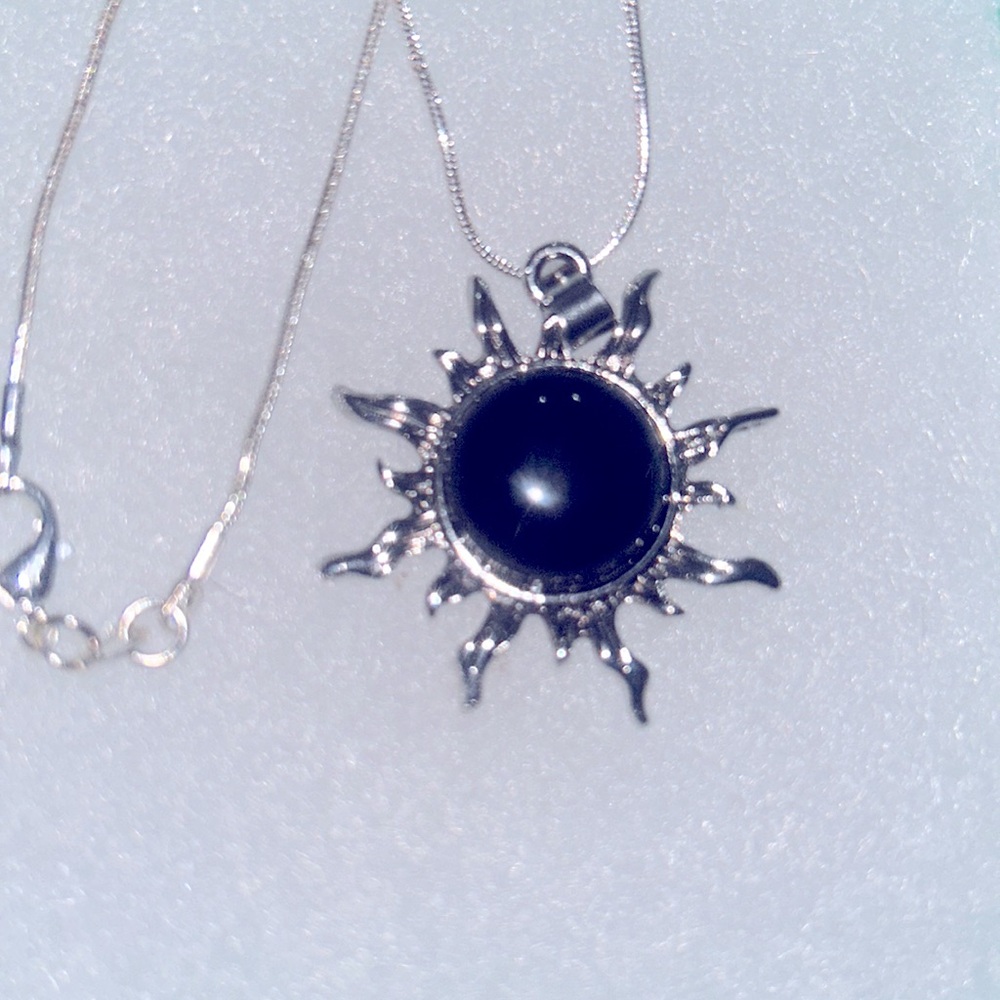 Boho hippie Onyx Crystal Sun Sterling Silver Necklace 24”